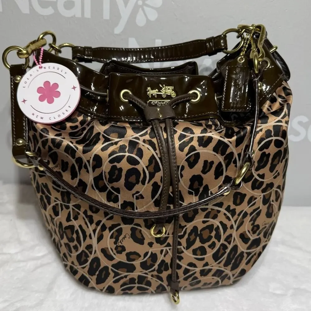 Coach Madison Ocelot OP Art Marielle Patent Leather Trim Bucket Drawstring Bag